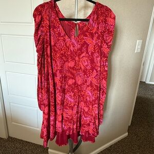 Free People Vibrant Red Tunic with Pink Floral Pattern